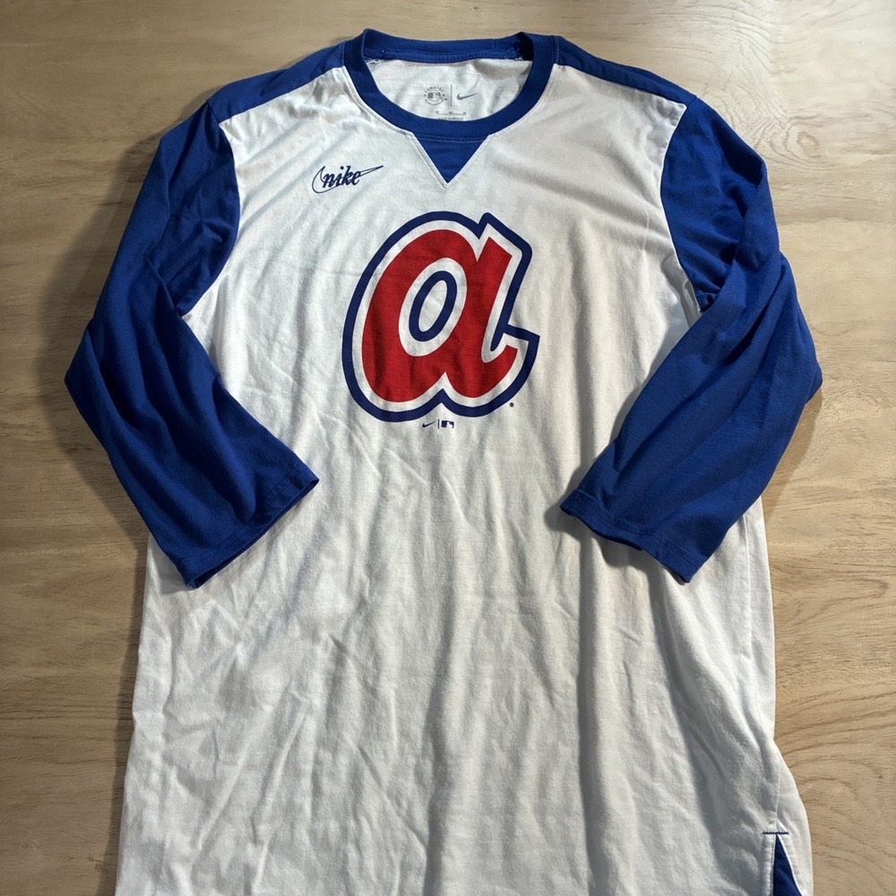 Atlanta‎ Braves Shirt Mens XL White Blue MLB Baseball Nike Raglan 3/4 Sleeve